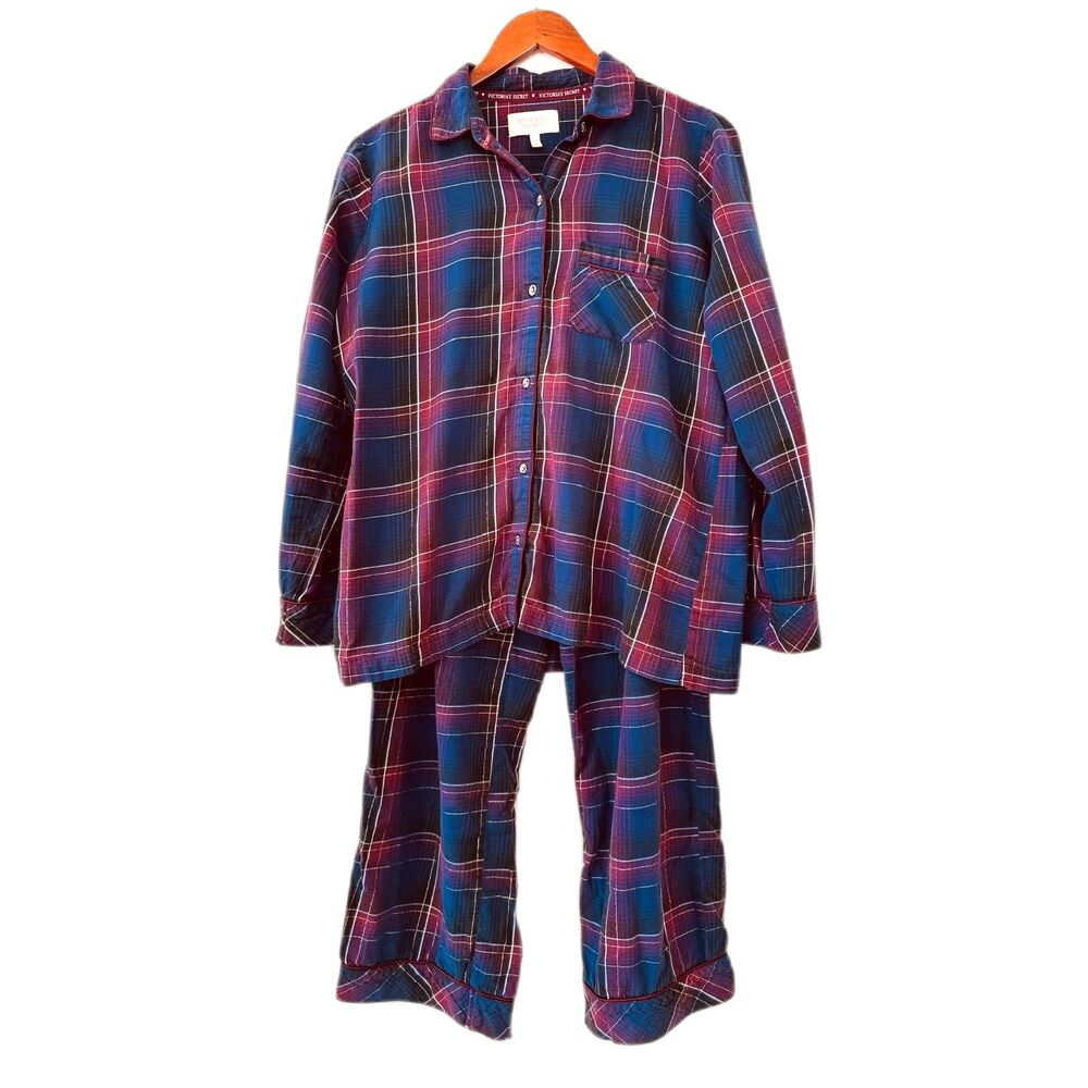 Victoria’s Secret Pajama Set M Blue Burgundy Plaid Flannel Button Down Pants